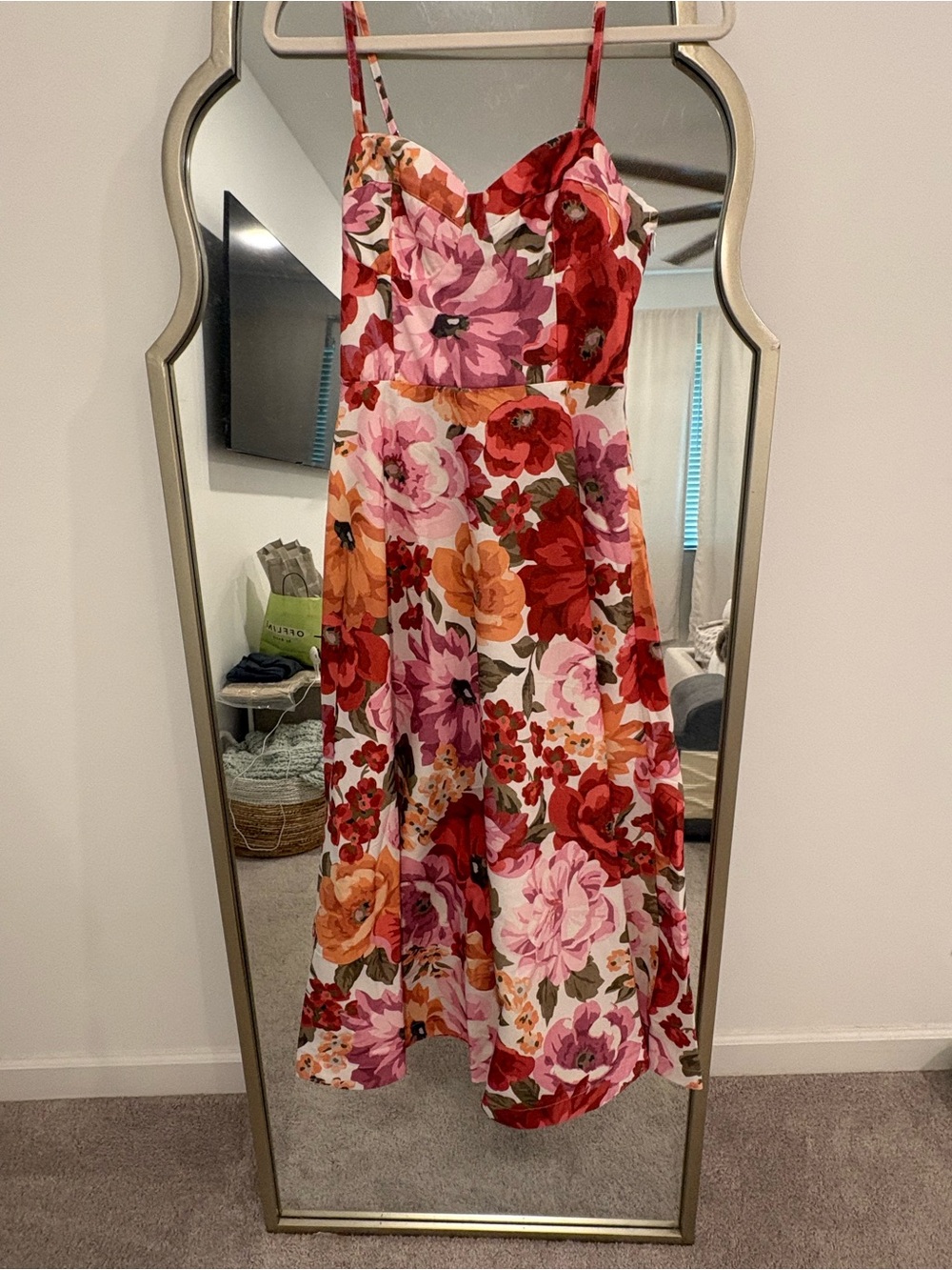 Showpo Floral Spaghetti-Strap Midi Dress in Red, Pink & Orange
